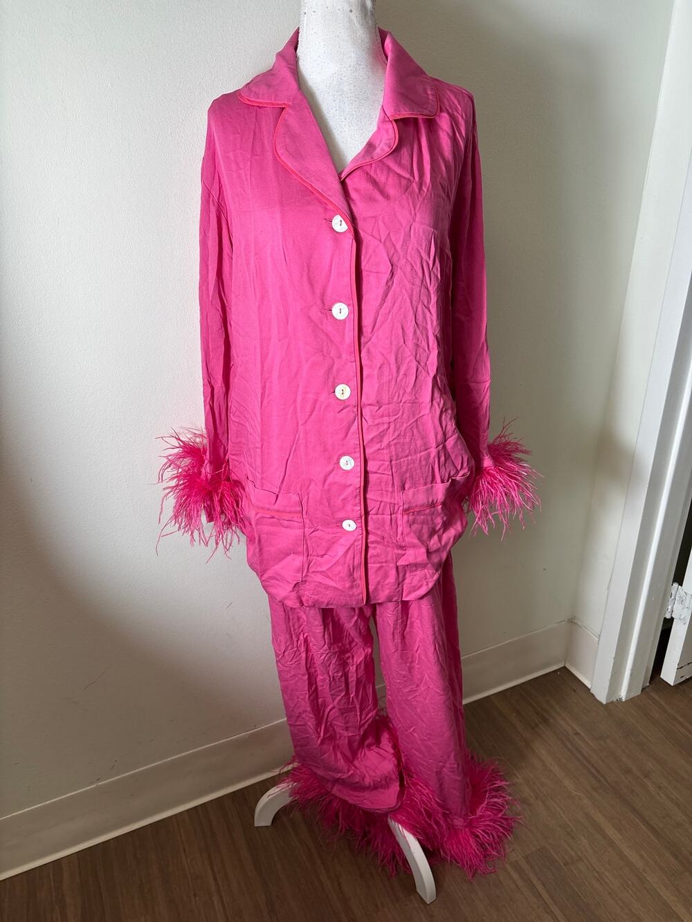 Sleeper Pink Feather Trimmed Pajama Set Sz XL